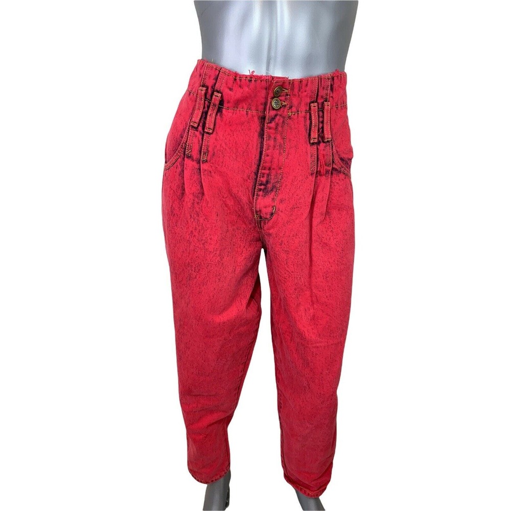 Vtg Bill Blass Jeans 10 Red High Waist Tapered Pleated Acid Wash Distressed